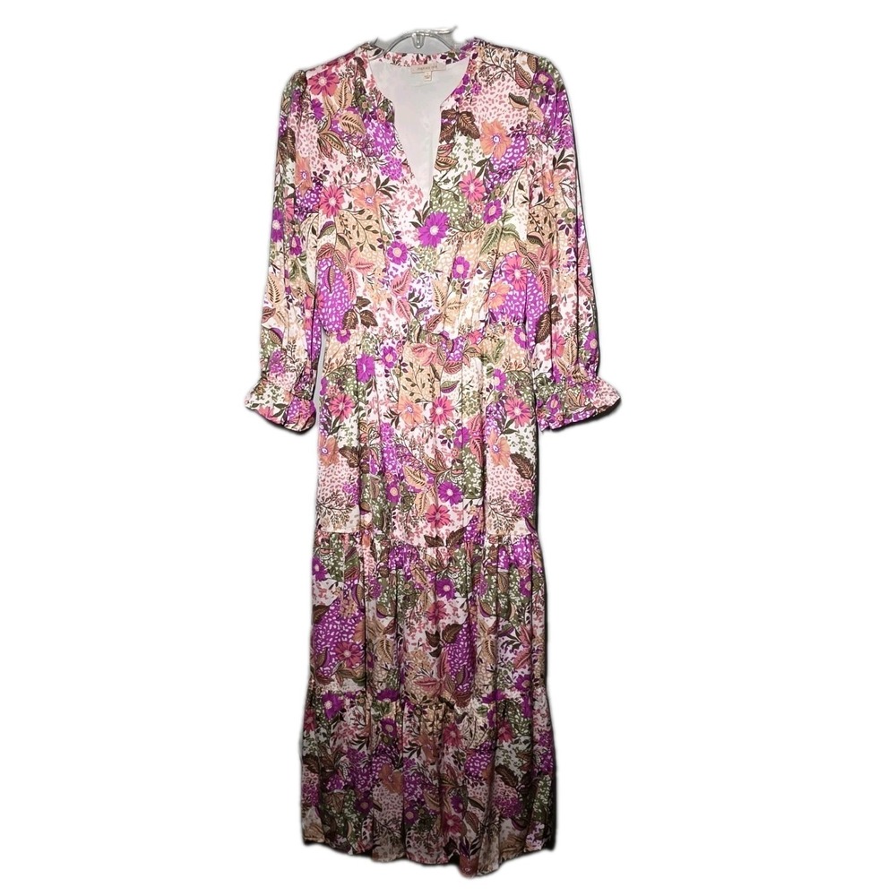 Skies Are Blue Tiered Long Sleeve Maxi Dress Size Small Multi Floral Flowy